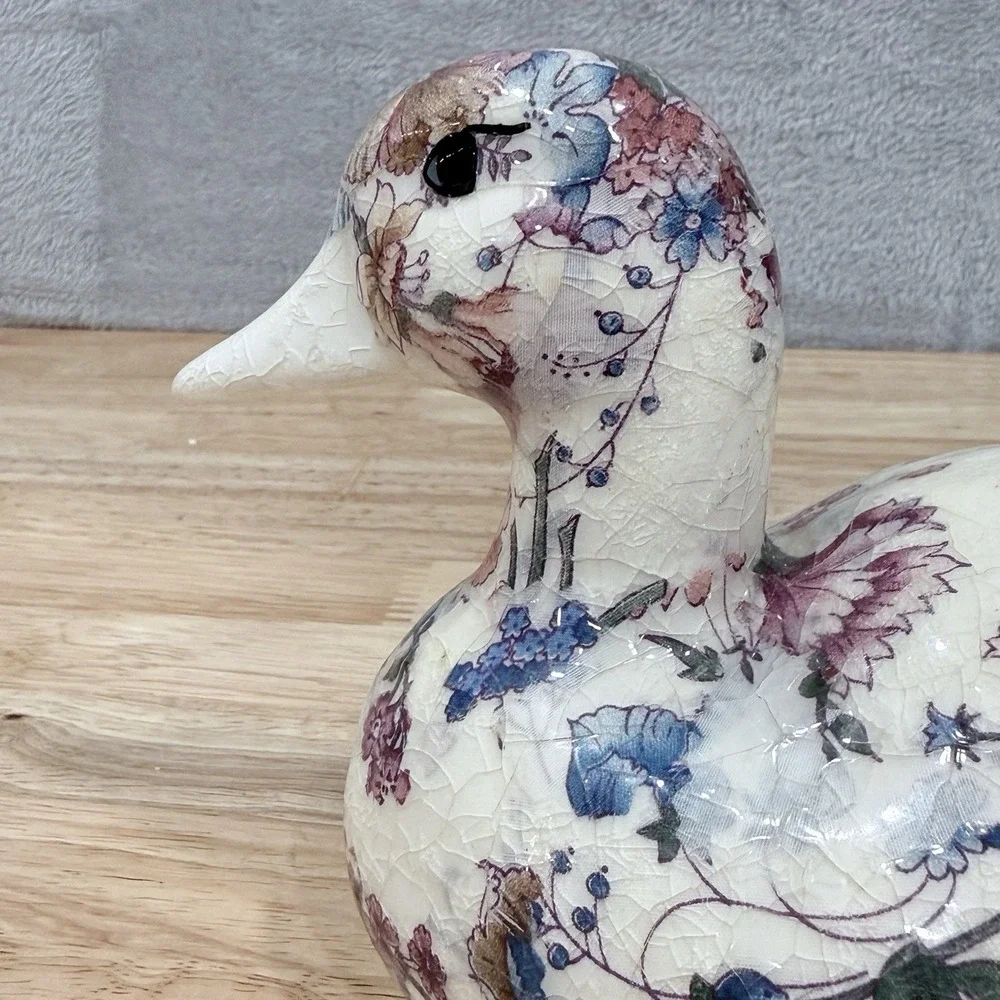 Vintage Floral Chintz Duck Figurine Decoupage Mallard Decoy Blue Pink Botanical